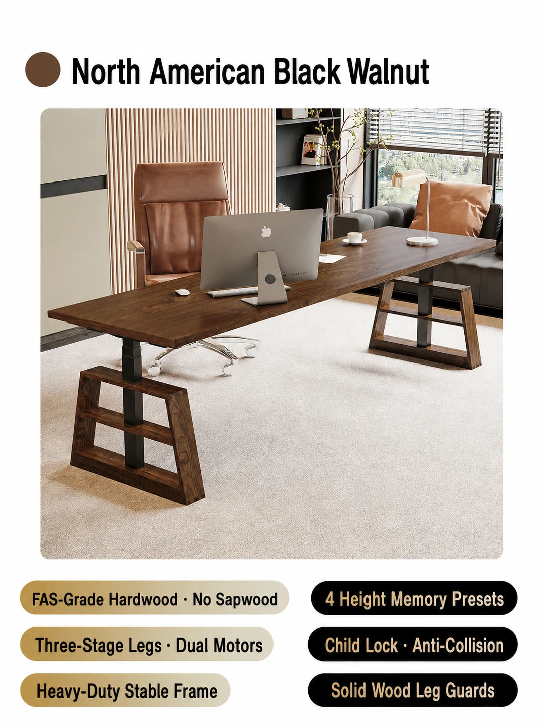 Black walnut electric standing desk with dual motors and wood leg guards