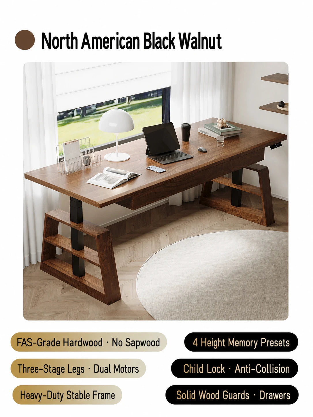 Black walnut electric standing desk with drawers and dual motors