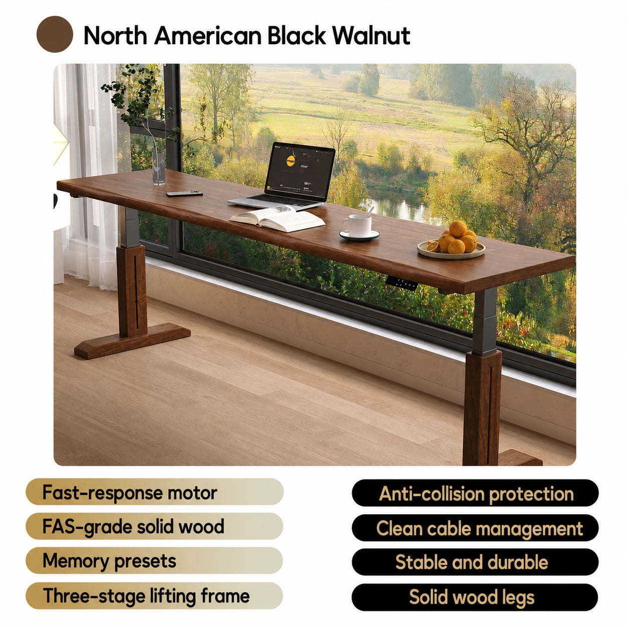 North American black walnut electric standing desk with wood-clad legs