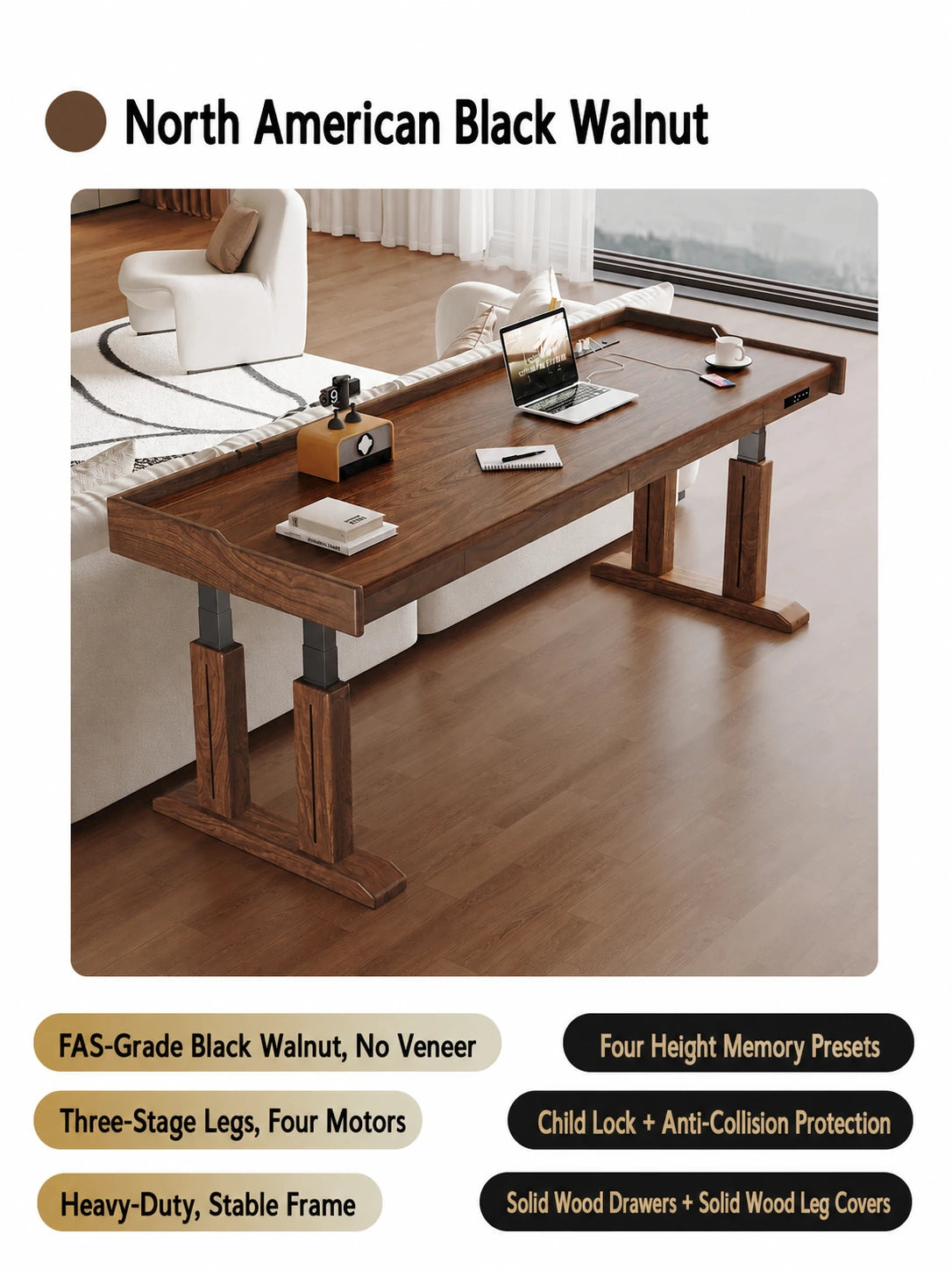 North American black walnut electric standing desk with solid wood drawers
