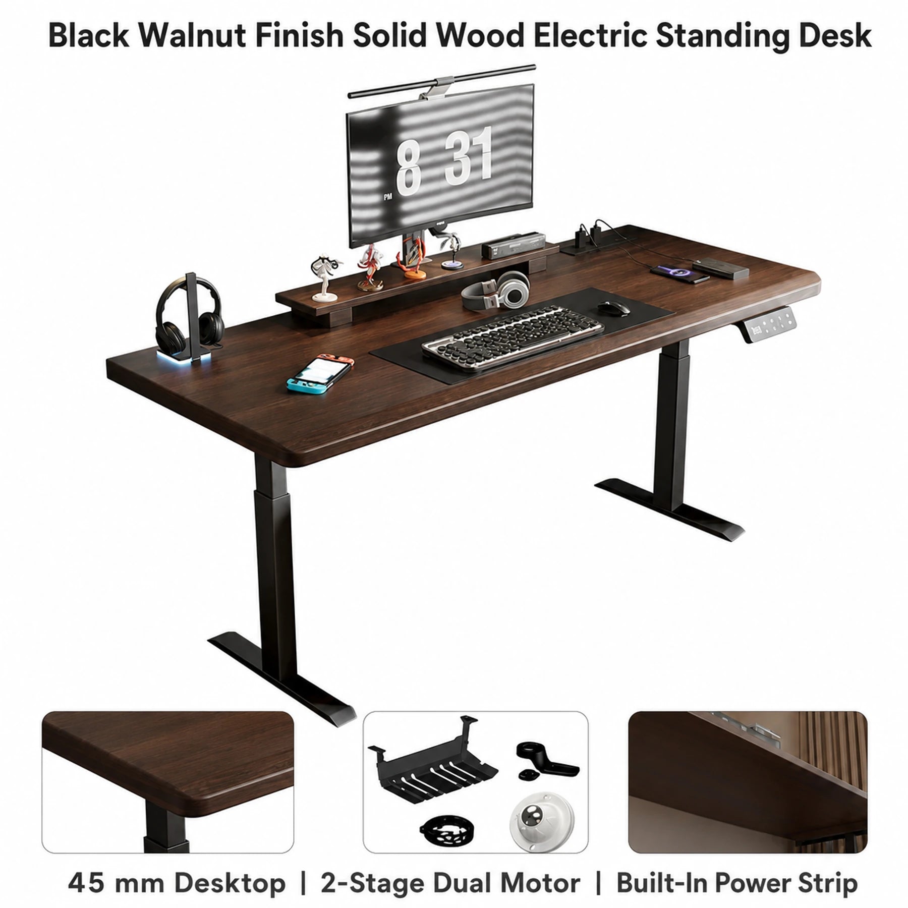 Black walnut finish standing desk with two-stage dual motors and built-in power strip