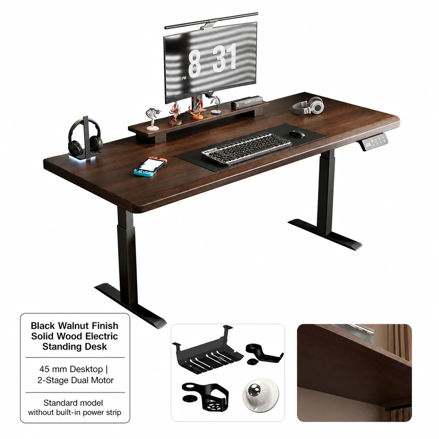Black walnut finish solid wood standing desk with 45 mm desktop and two-stage dual motors