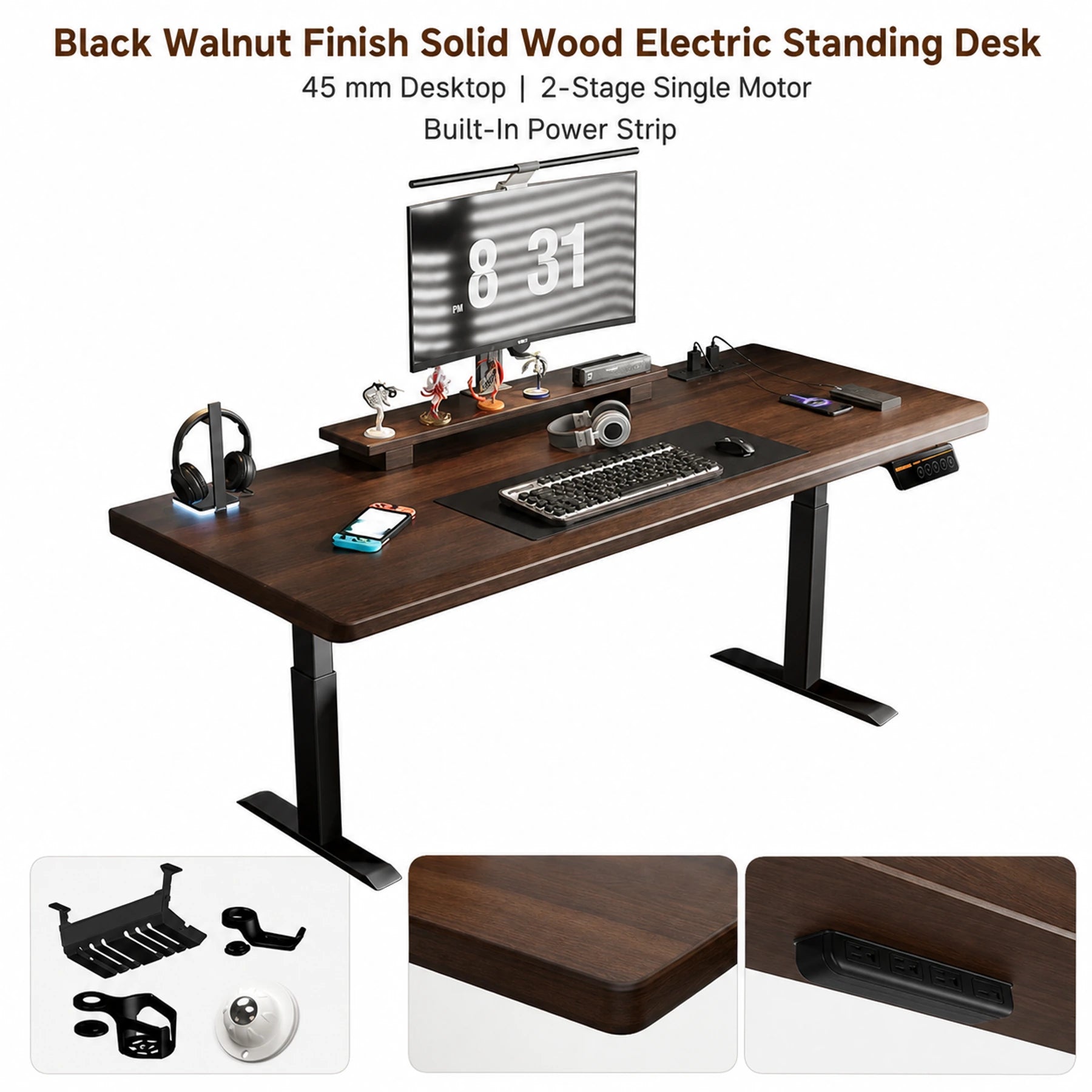 Black walnut finish standing desk with two-stage single motor and built-in power strip