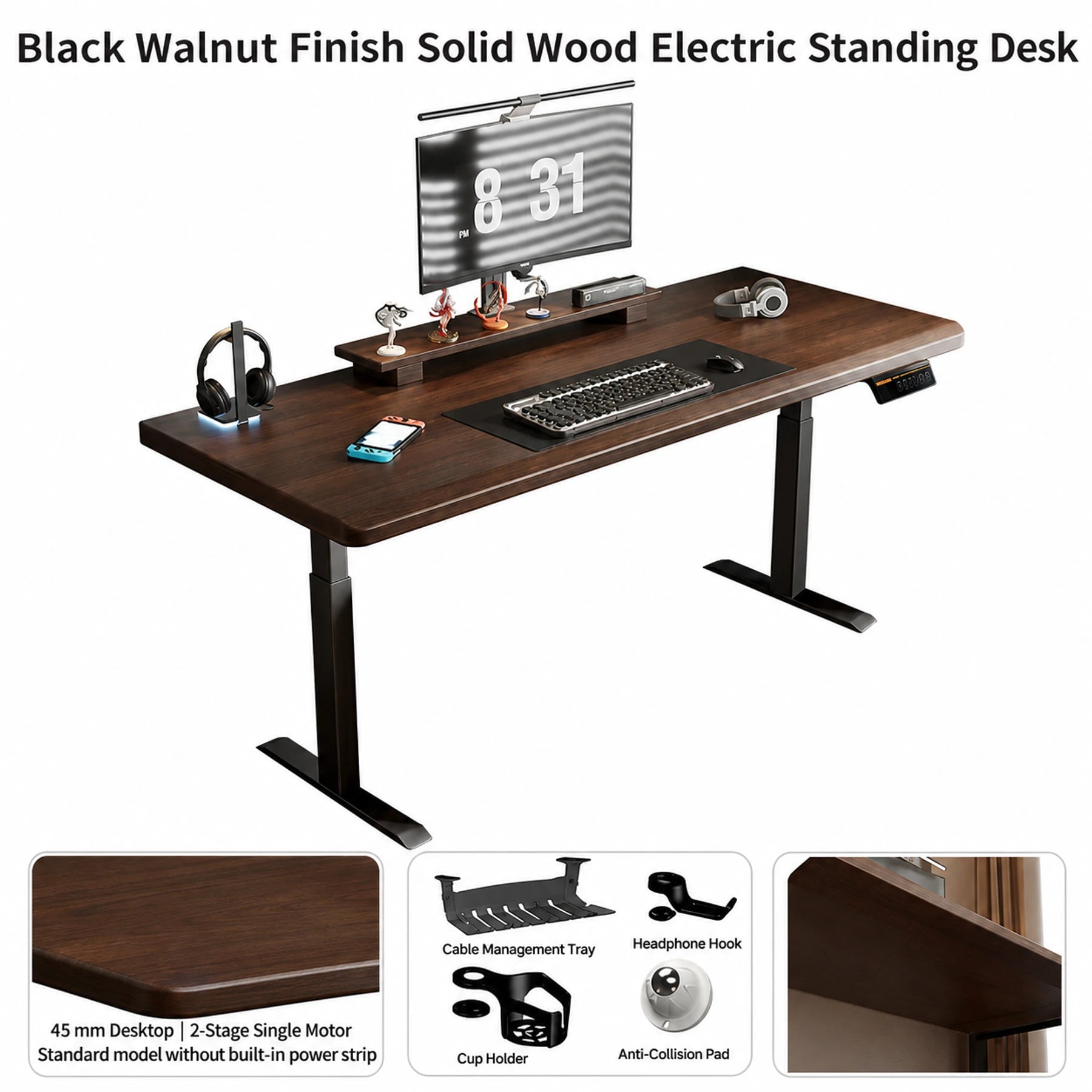 Black walnut finish solid wood standing desk with 45 mm desktop and two-stage single motor