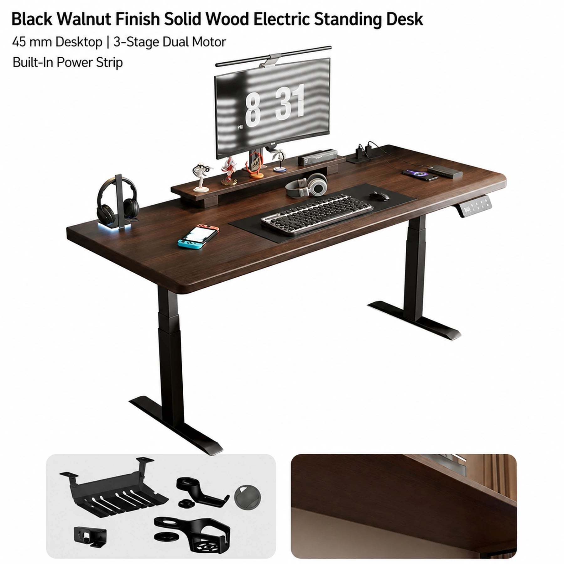 Black walnut finish standing desk with three-stage dual motors and built-in power strip