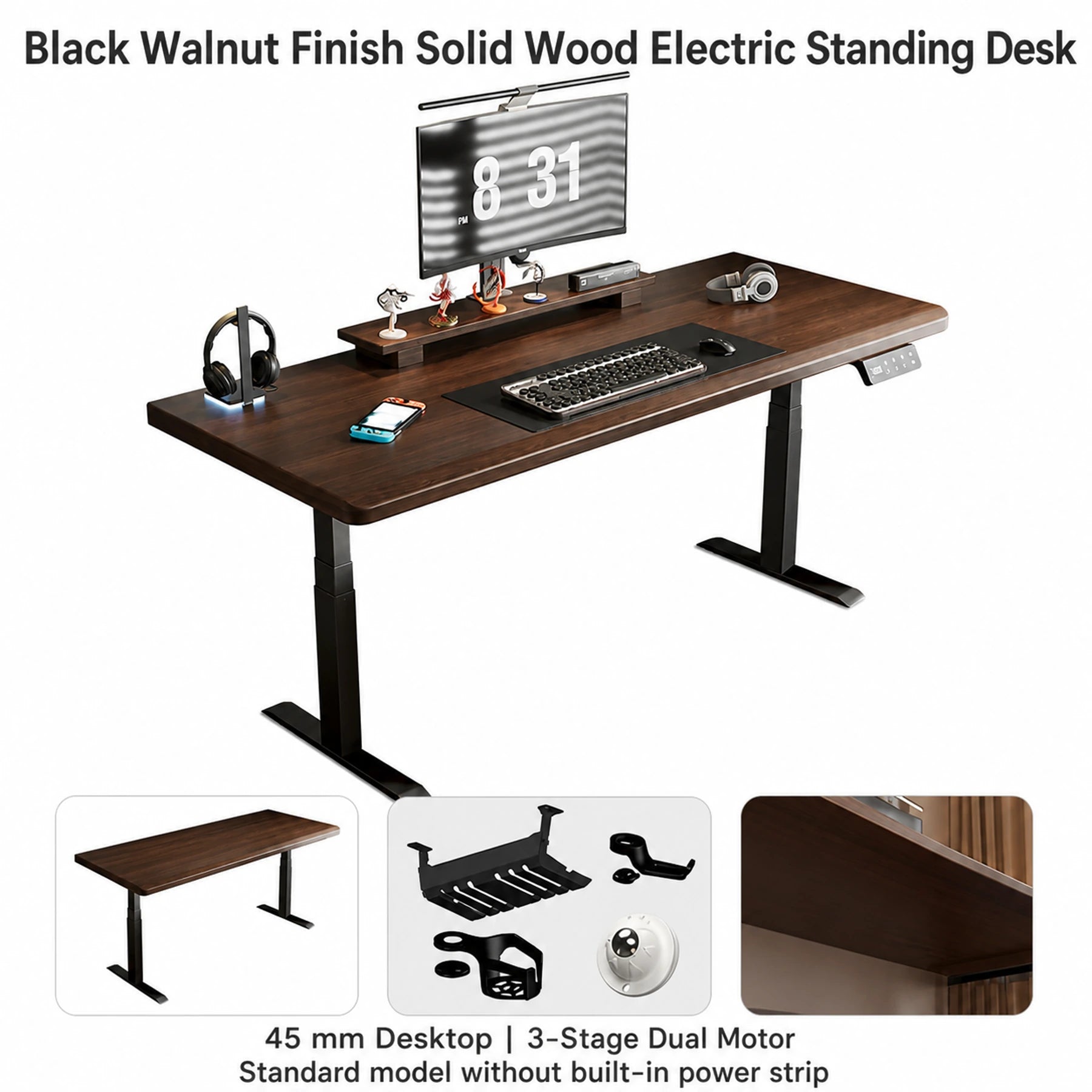 Black walnut finish solid wood standing desk with 45 mm desktop and three-stage dual motors