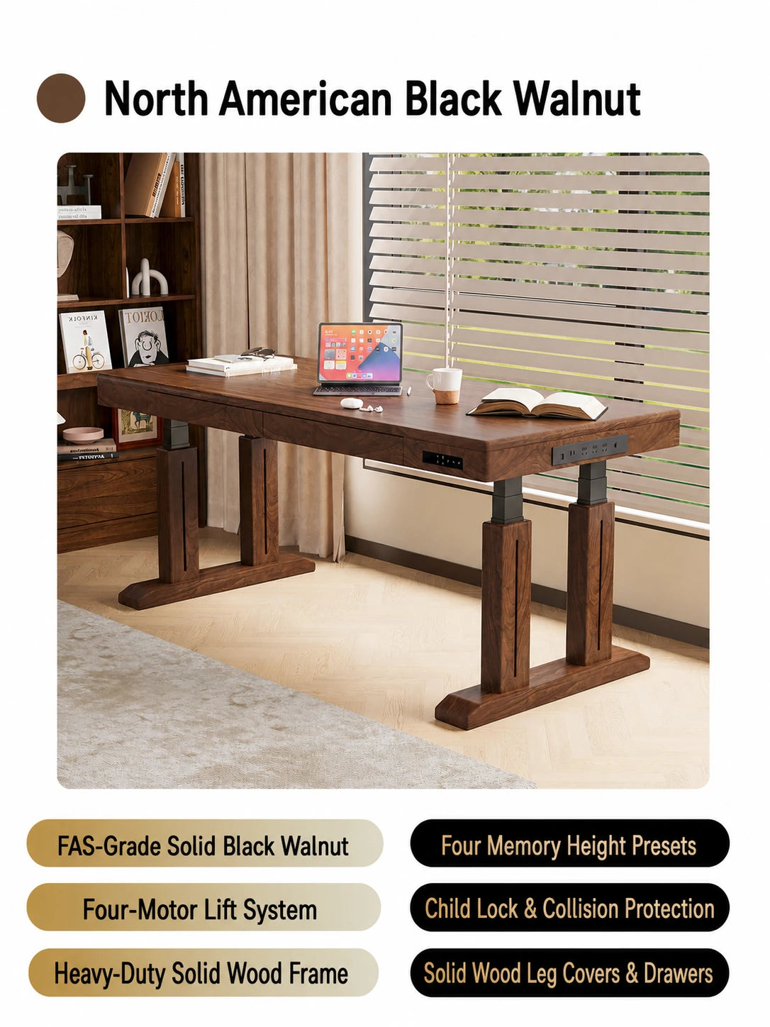 North American black walnut four-motor electric standing desk
