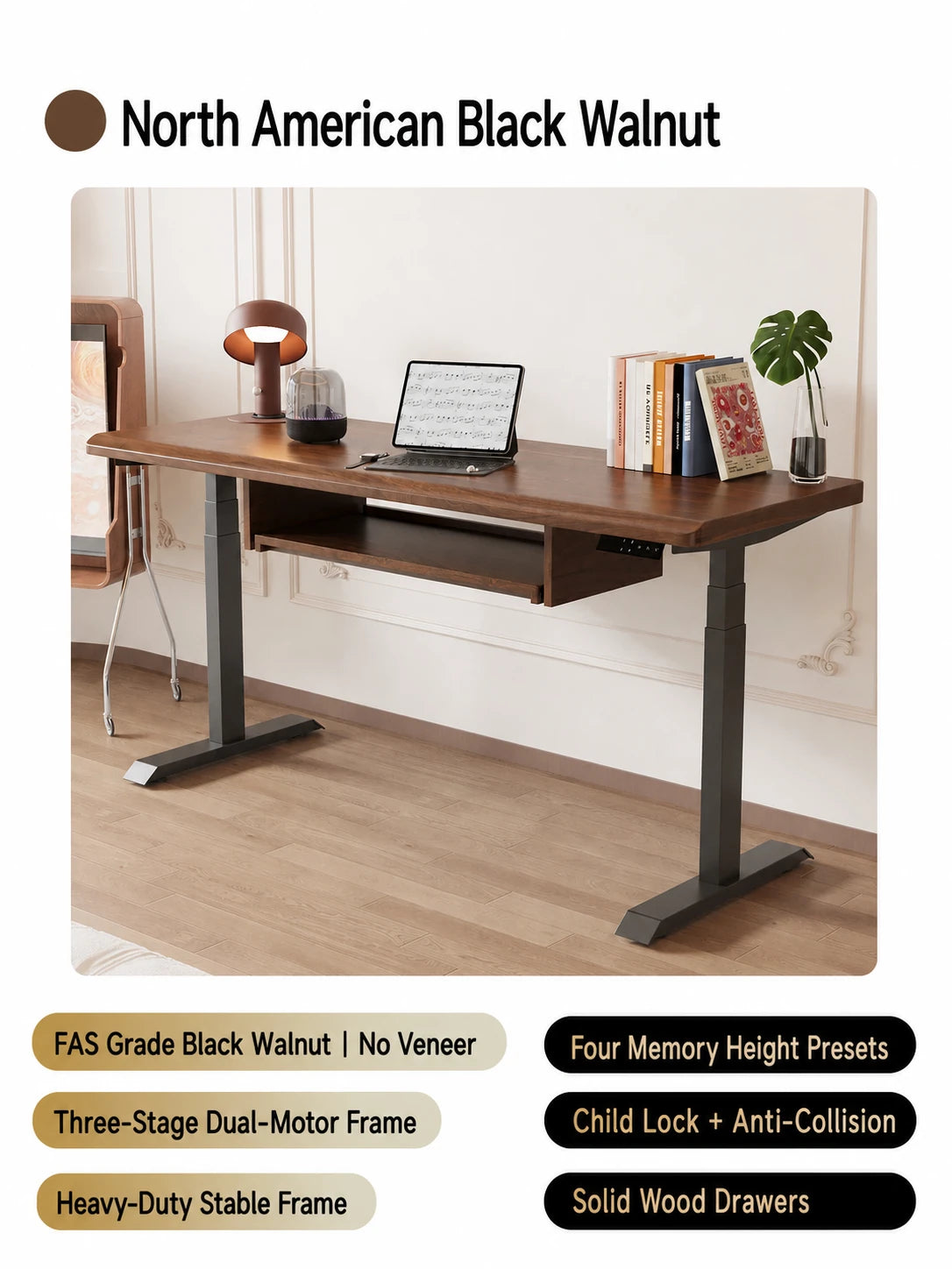 North American black walnut electric standing desk with keyboard tray