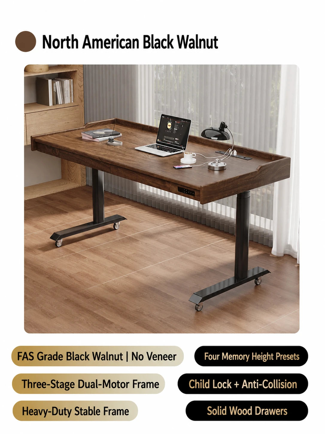 North American black walnut mobile electric standing desk