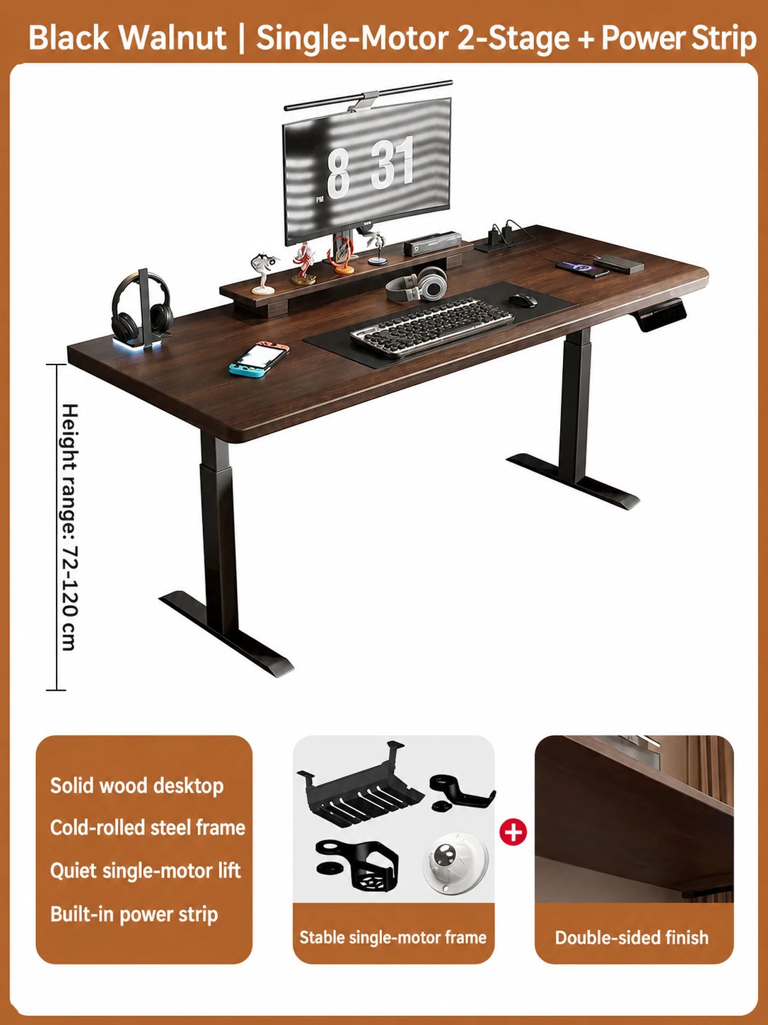 Black walnut single-motor two-stage standing desk with built-in power strip