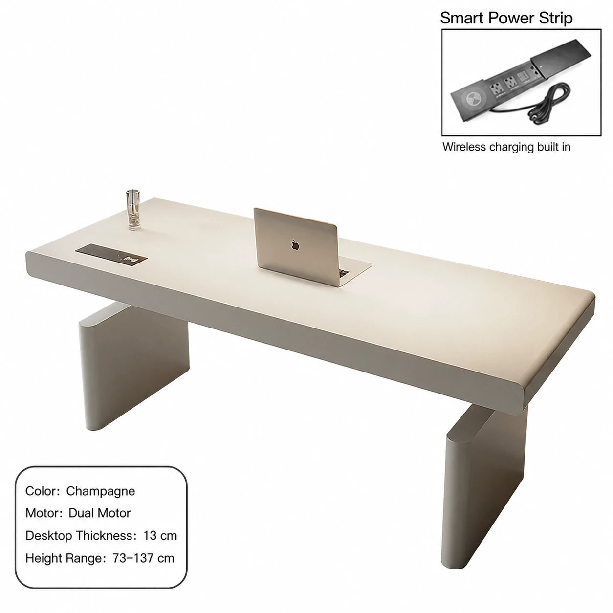 champagne dual motor electric standing desk with smart power strip and wireless charging