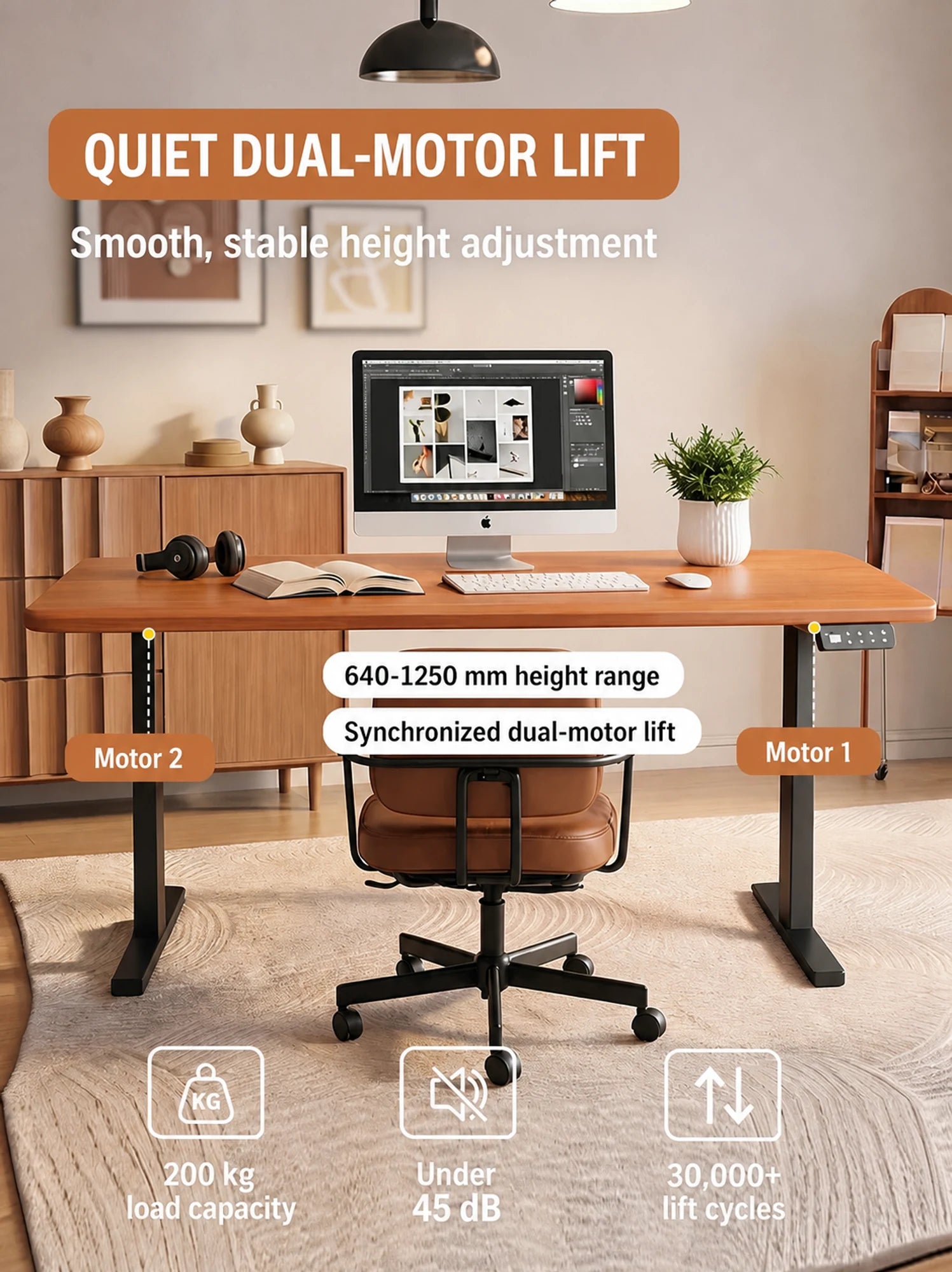 Cherry wood dual-motor standing desk with height range, noise and load specifications