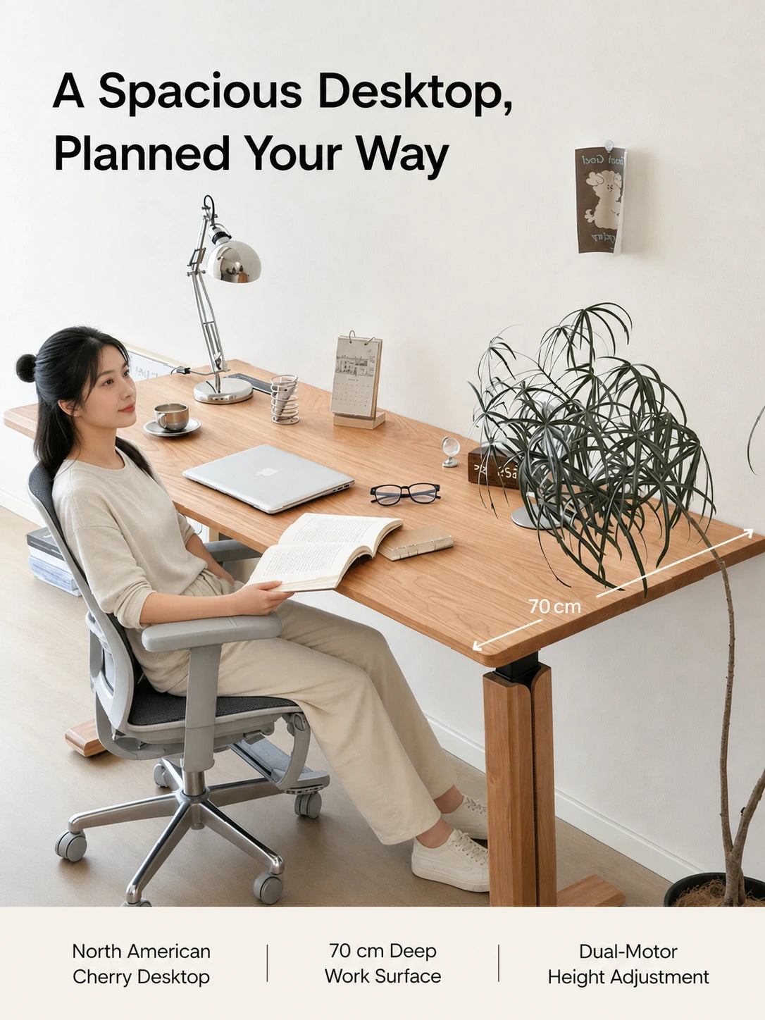 North American cherry electric standing desk with a spacious 70 cm deep work surface
