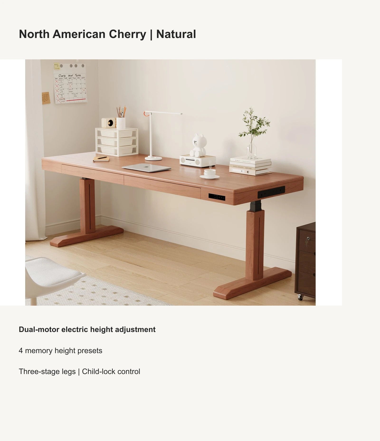 North American cherry wood electric standing desk with natural finish