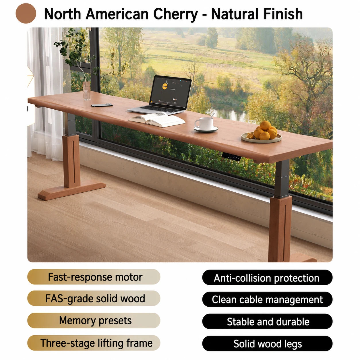 Natural cherry electric standing desk with solid wood legs
