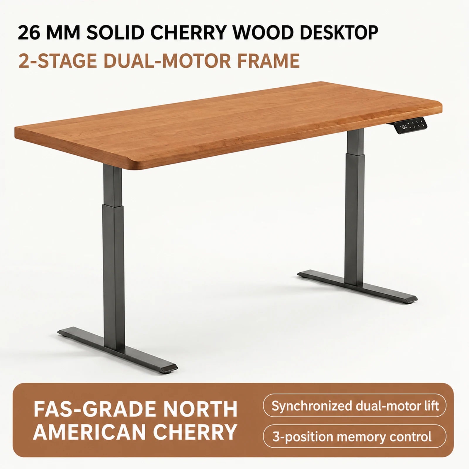 North American cherry standing desk with 26 mm desktop and two-stage dual-motor frame