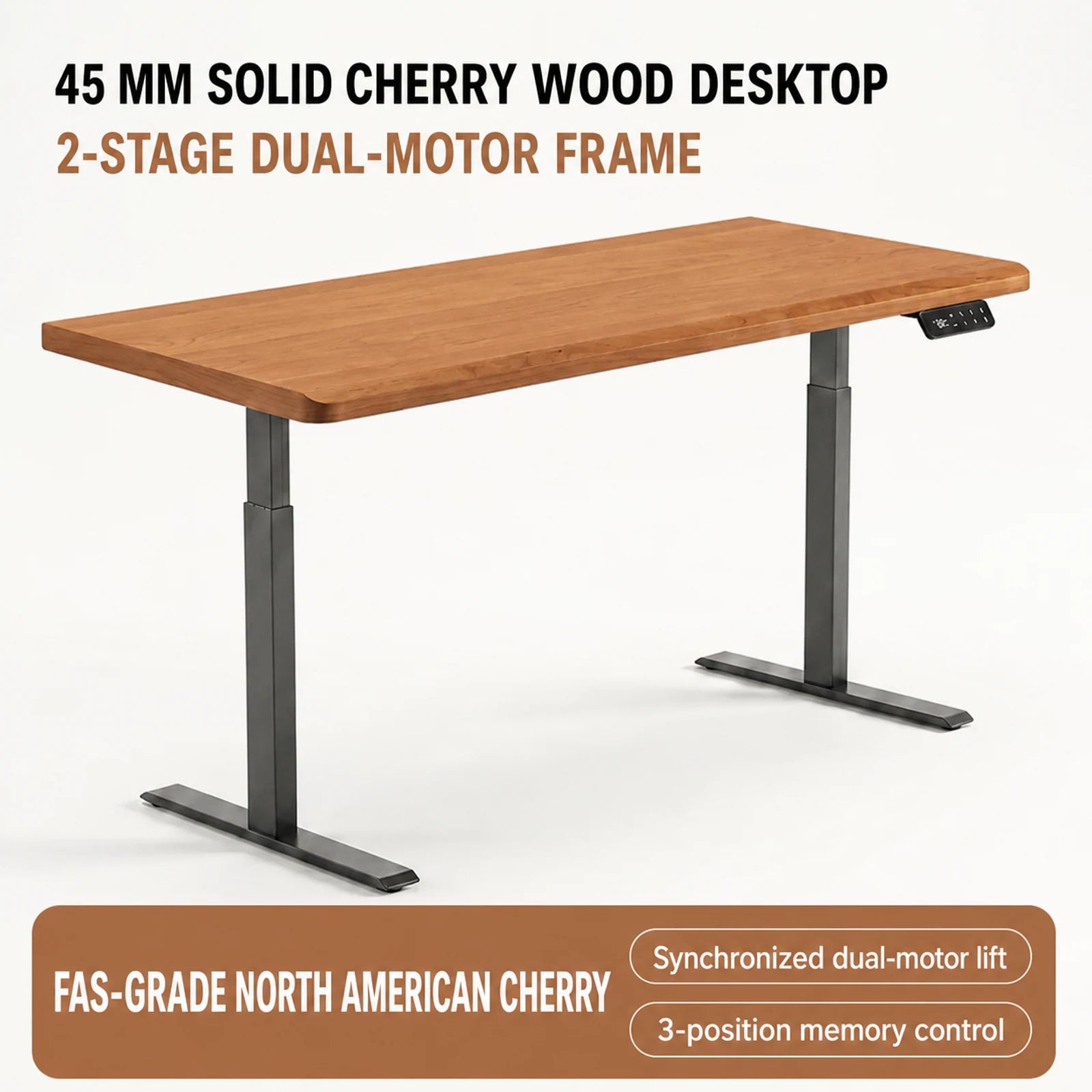North American cherry standing desk with 45 mm desktop and two-stage dual-motor frame