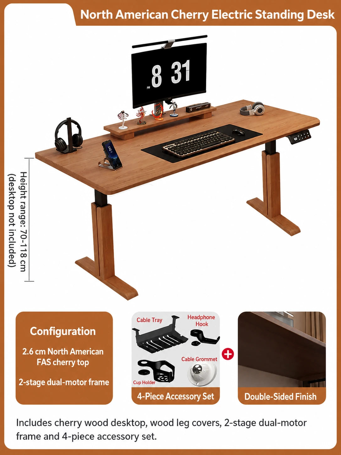 North American cherry electric standing desk with two-stage dual-motor frame and accessories
