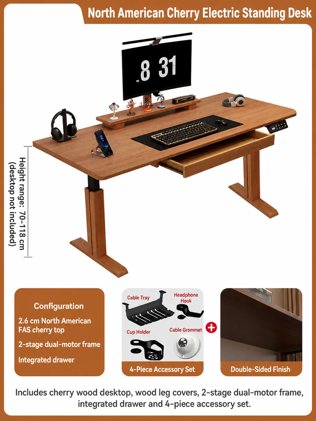 North American cherry electric standing desk with two-stage dual-motor frame and integrated drawer