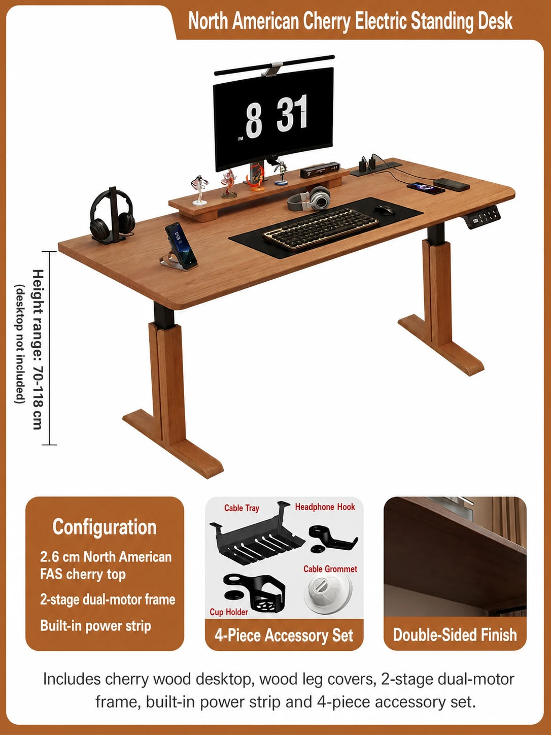 North American cherry electric standing desk with two-stage dual-motor frame and built-in power strip