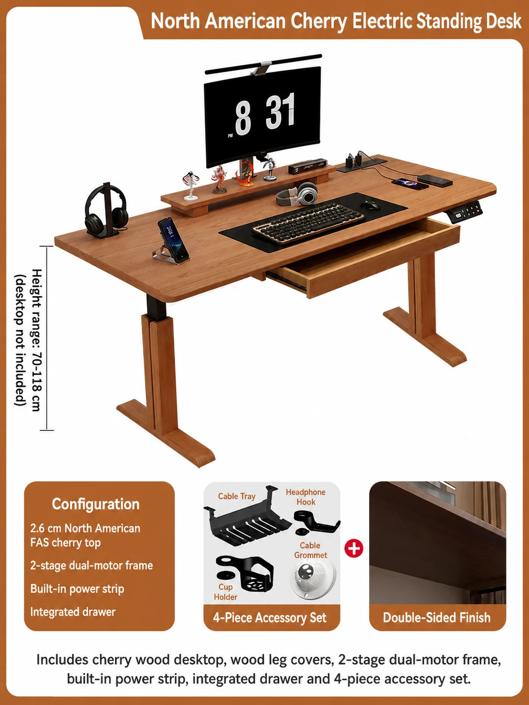 North American cherry electric standing desk with two-stage dual-motor frame, power strip and drawer