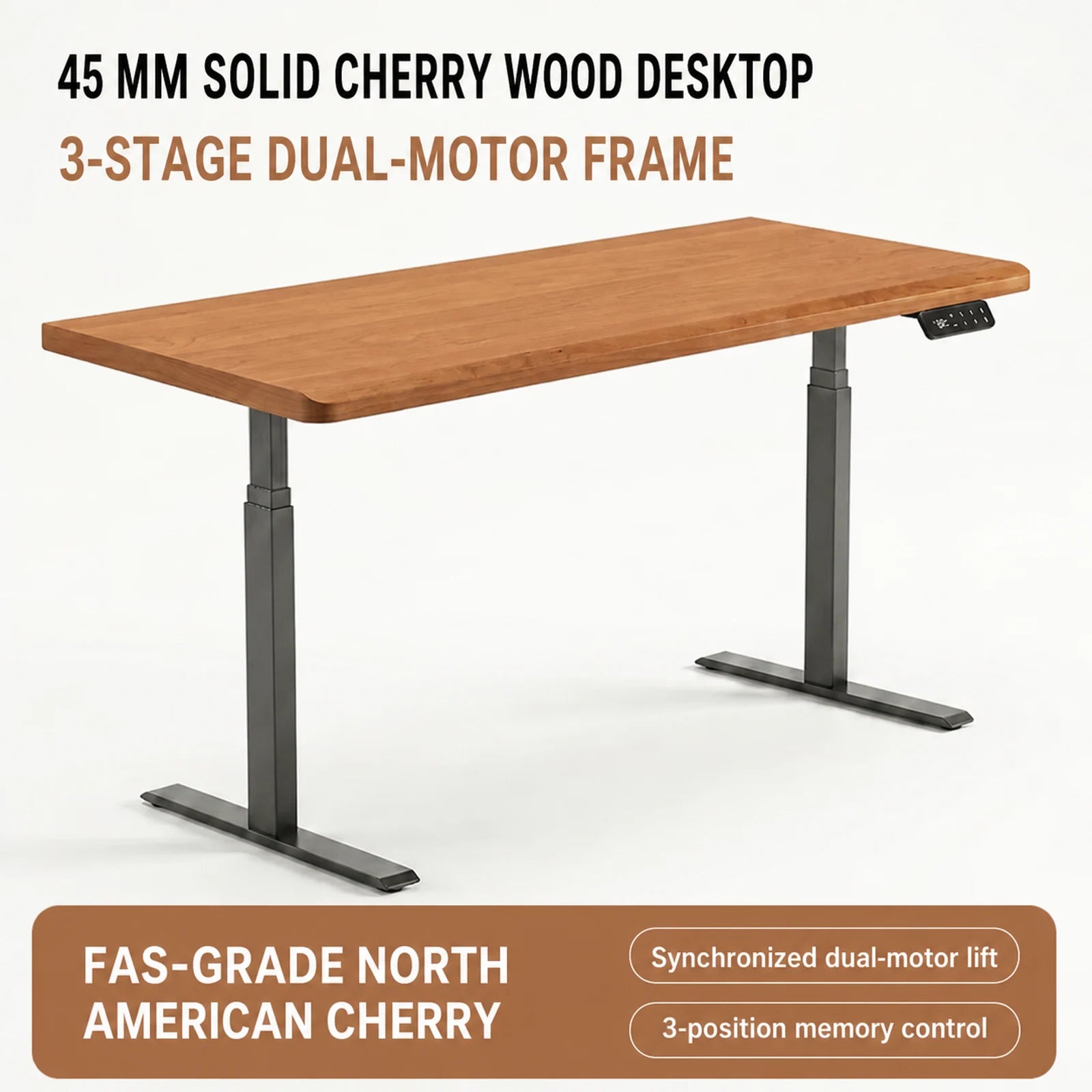 North American cherry standing desk with 45 mm desktop and three-stage dual-motor frame