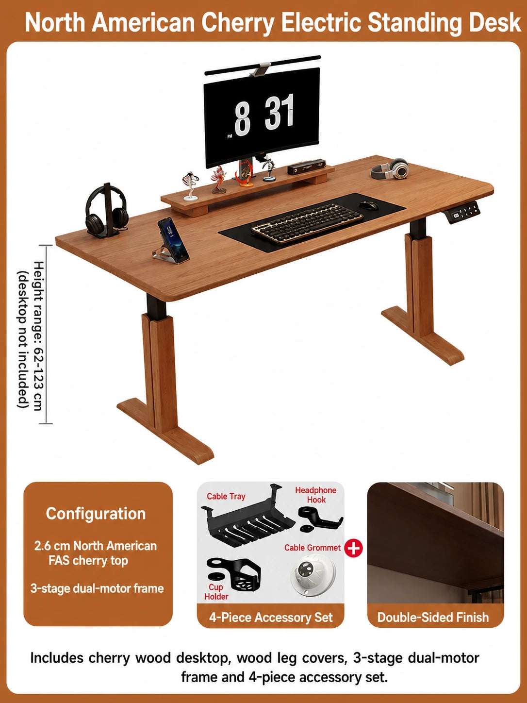 North American cherry electric standing desk with three-stage dual-motor frame and accessories
