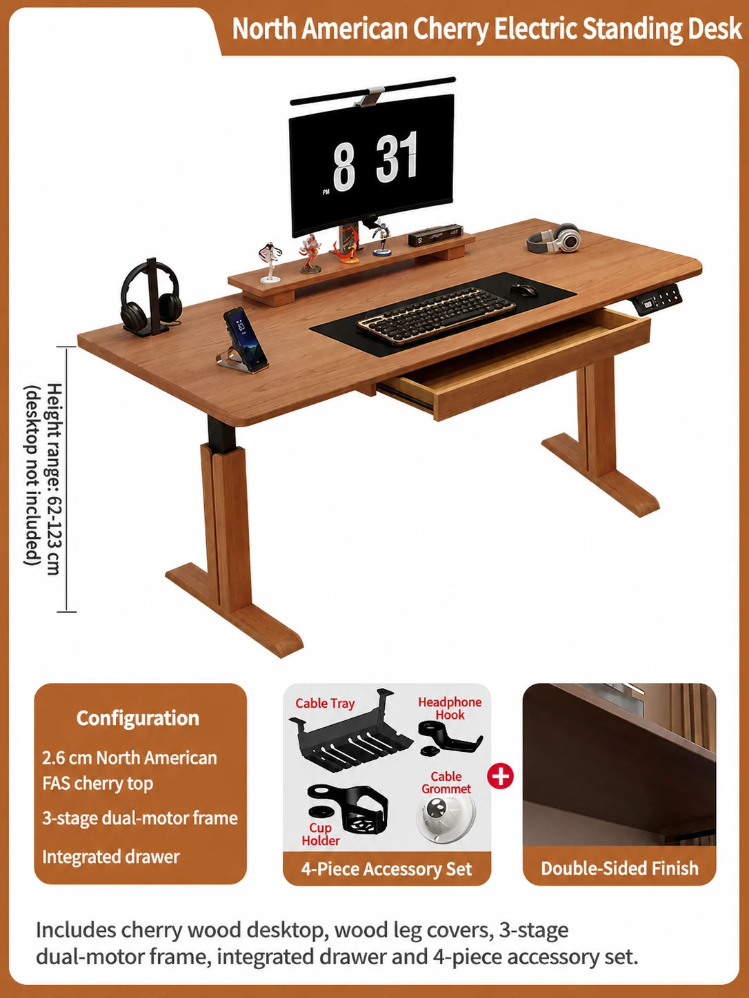 North American cherry electric standing desk with three-stage dual-motor frame and integrated drawer