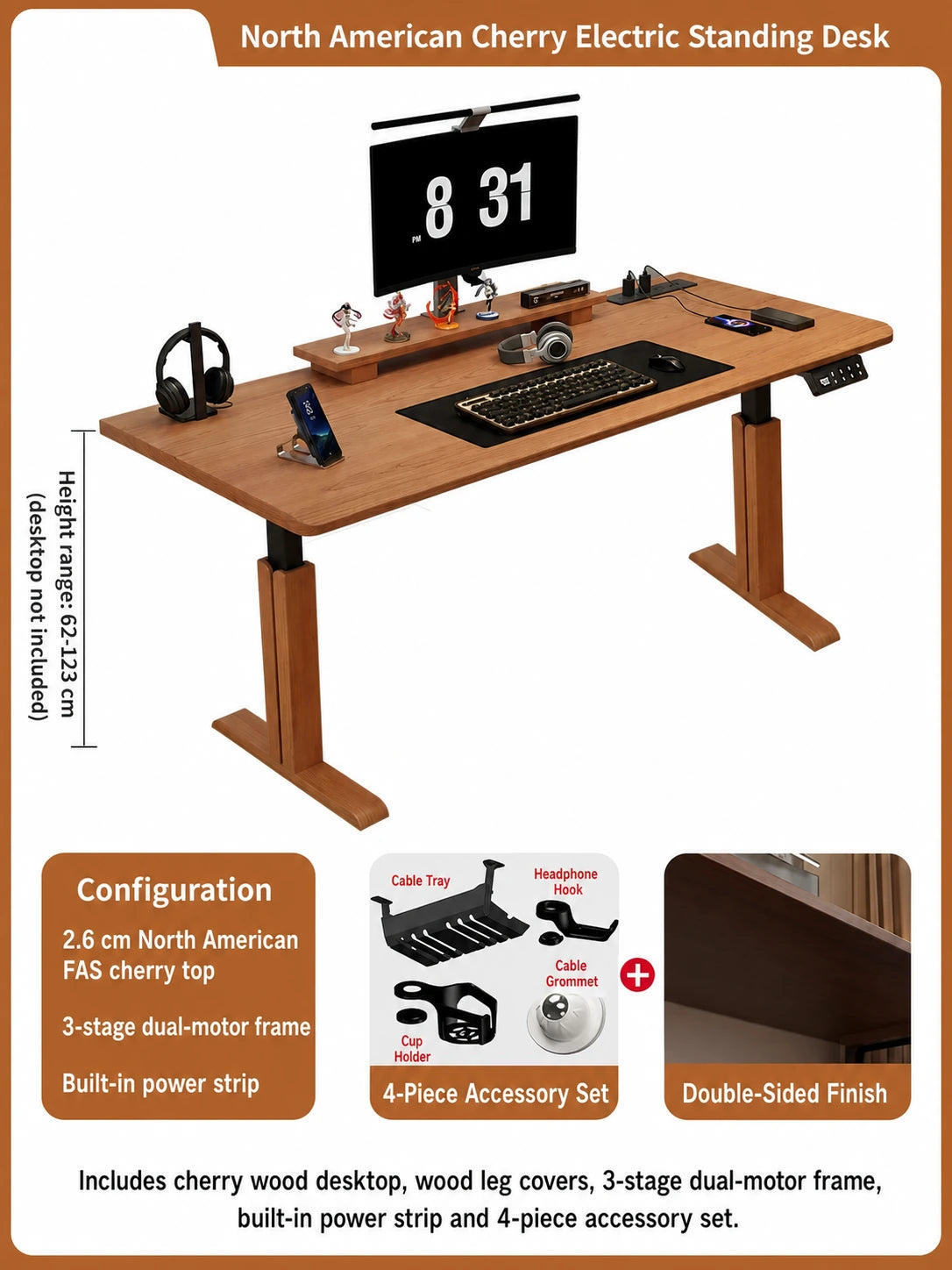 North American cherry electric standing desk with three-stage dual-motor frame and built-in power strip