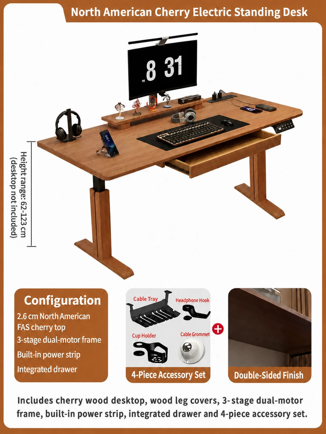 North American cherry electric standing desk with three-stage dual-motor frame, power strip and drawer