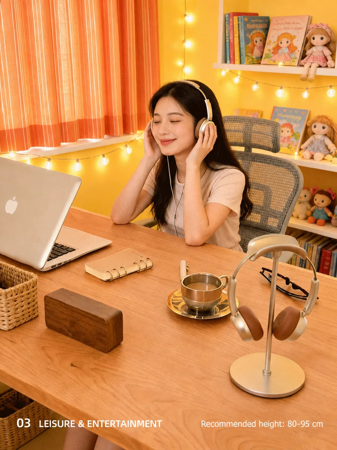 Cherry wood standing desk used for leisure and entertainment in a warm home workspace