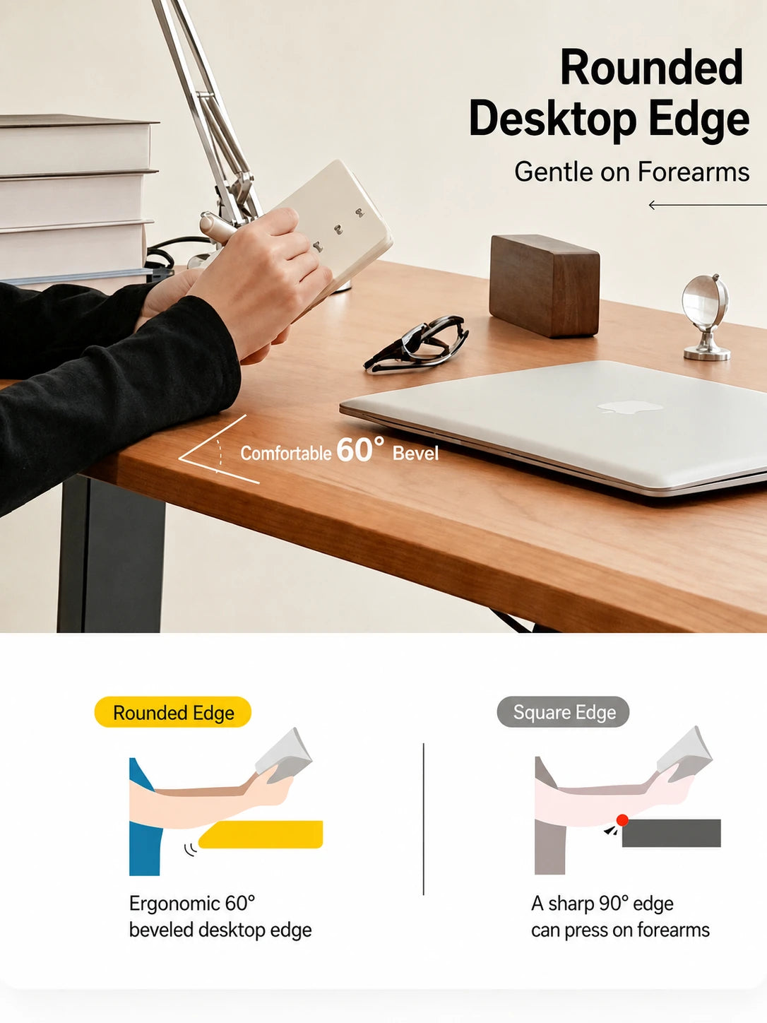 Cherry wood standing desk with an ergonomic rounded 60-degree desktop edge