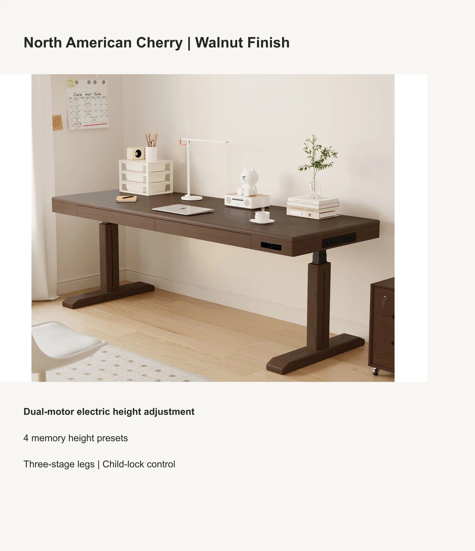 North American cherry wood electric standing desk with walnut finish