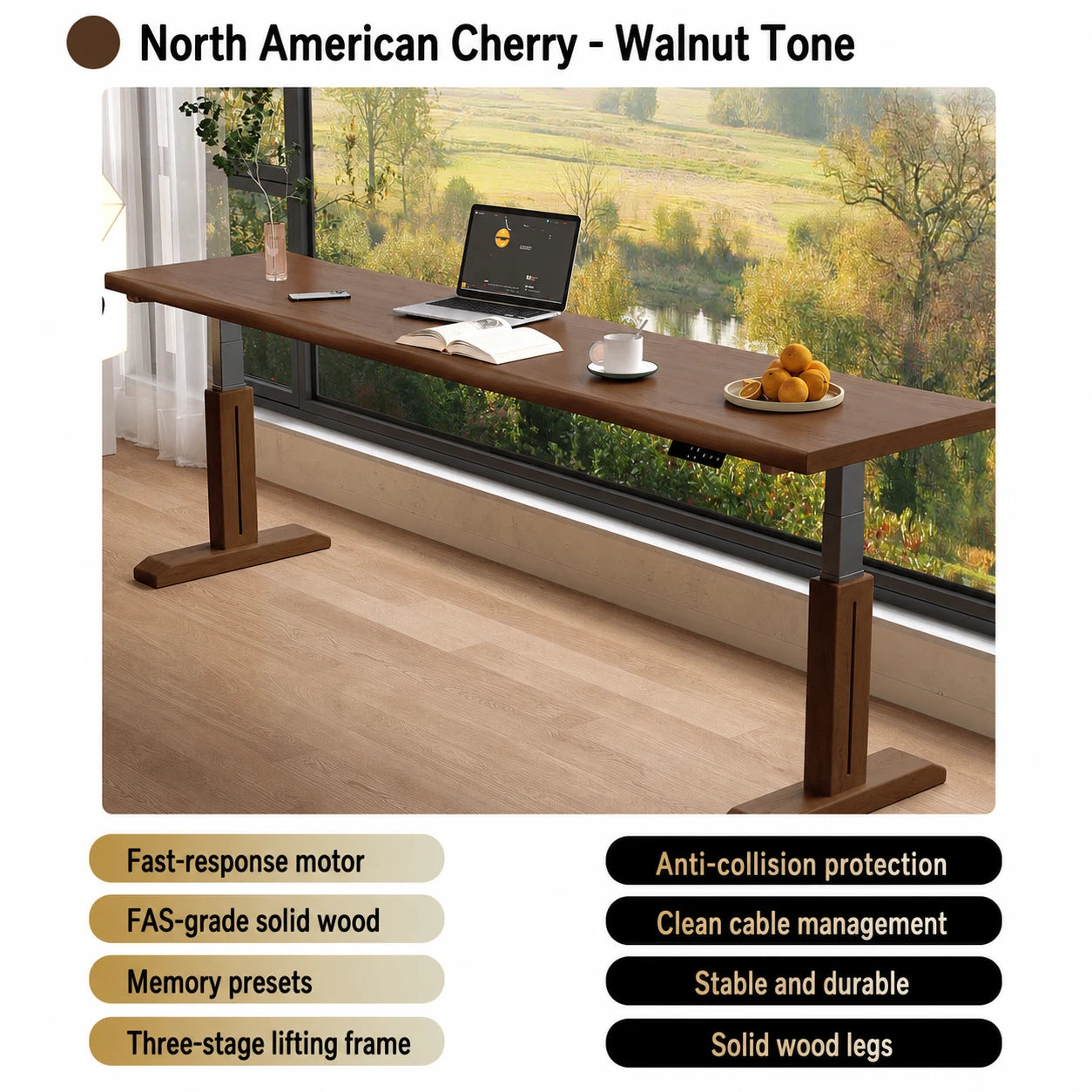 Walnut-tone cherry electric standing desk with three-stage lifting frame