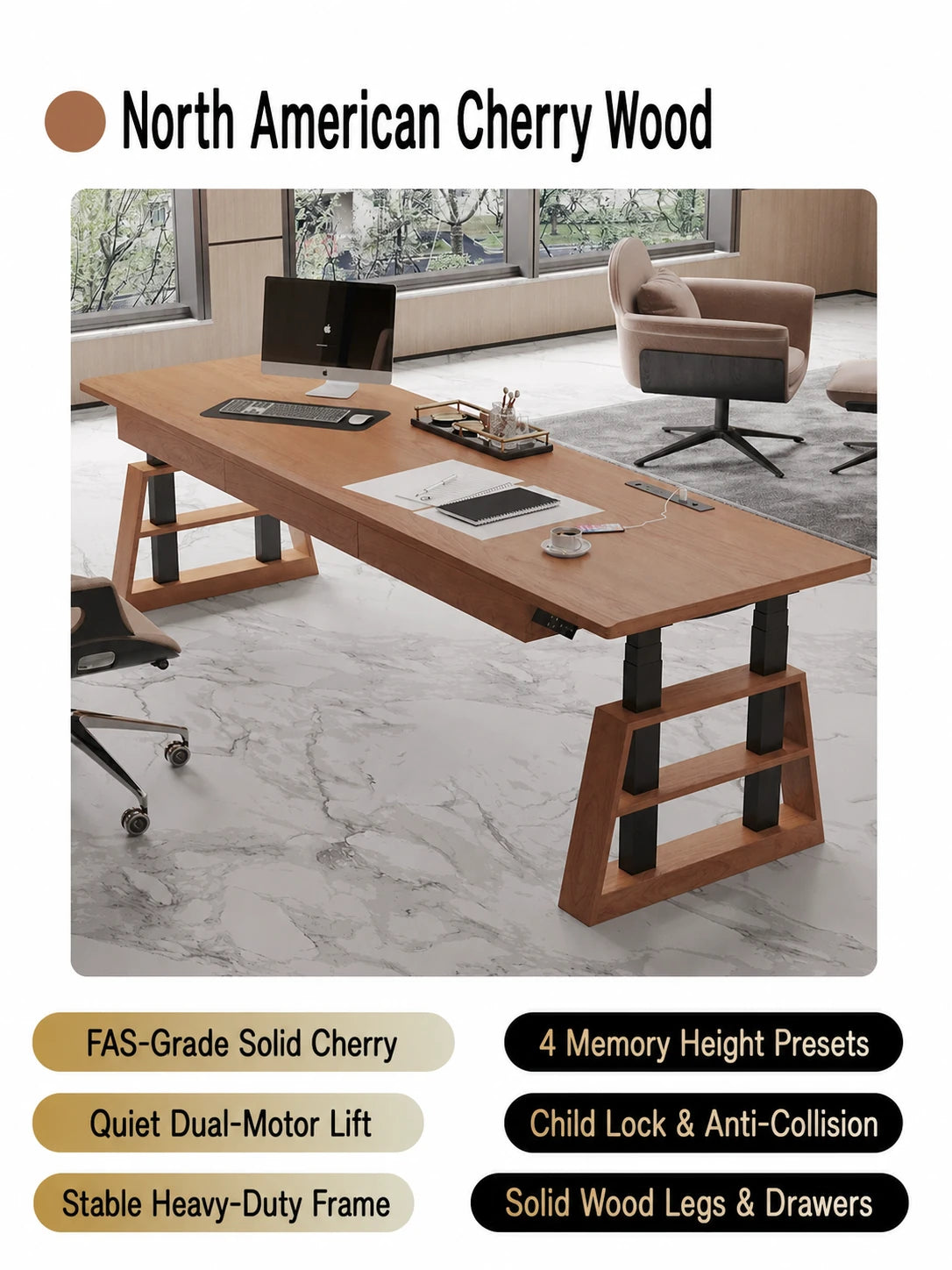 North American cherry wood dual-motor electric standing desk