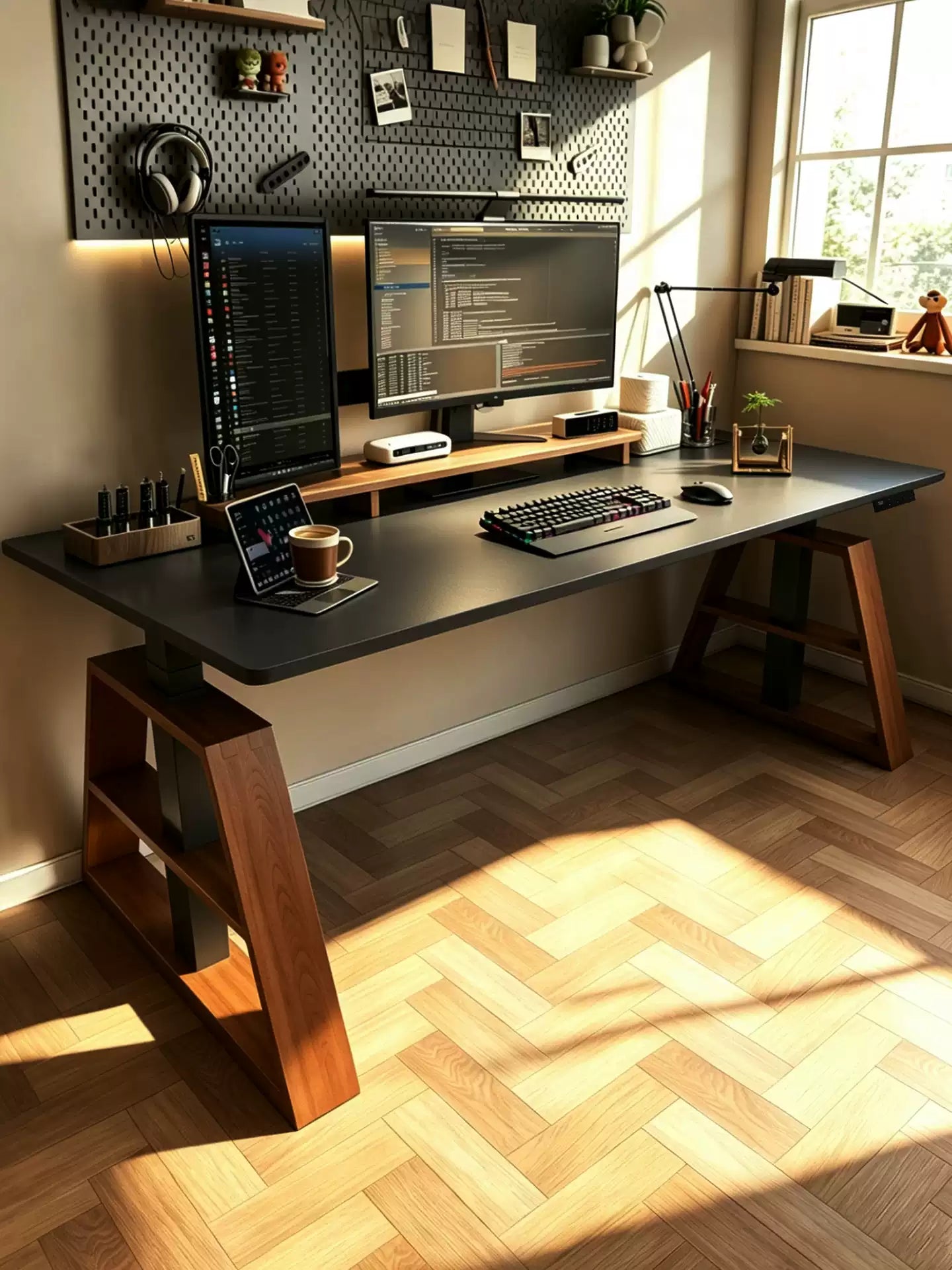 Angled view of the CL12 dual-motor standing desk with black desktop and ash wood legs.