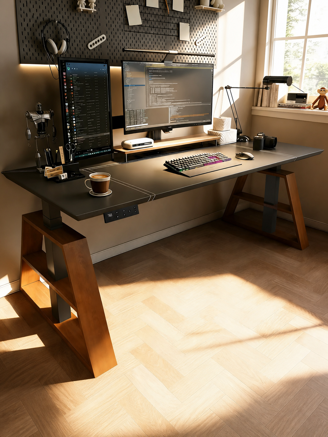 CL12 black saddle leather electric standing desk with ash wood A-legs in a home office.