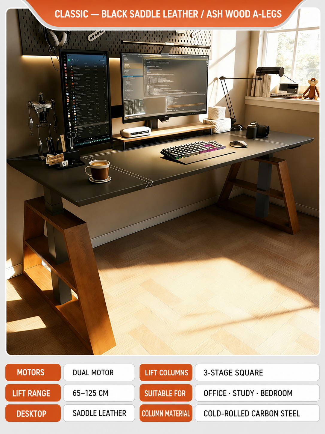CL12 electric standing desk with dual motors, 65–125 cm lift range, saddle leather desktop, and ash wood A-legs.