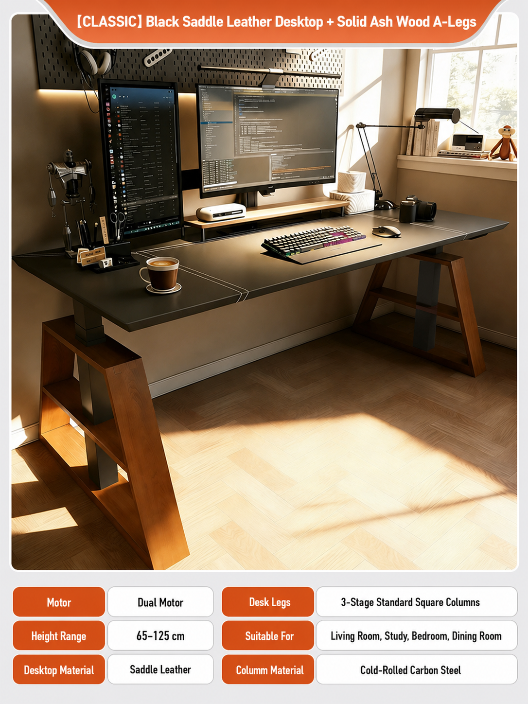 Classic CL12 black saddle leather standing desk with ash wood A-legs and dual motors.