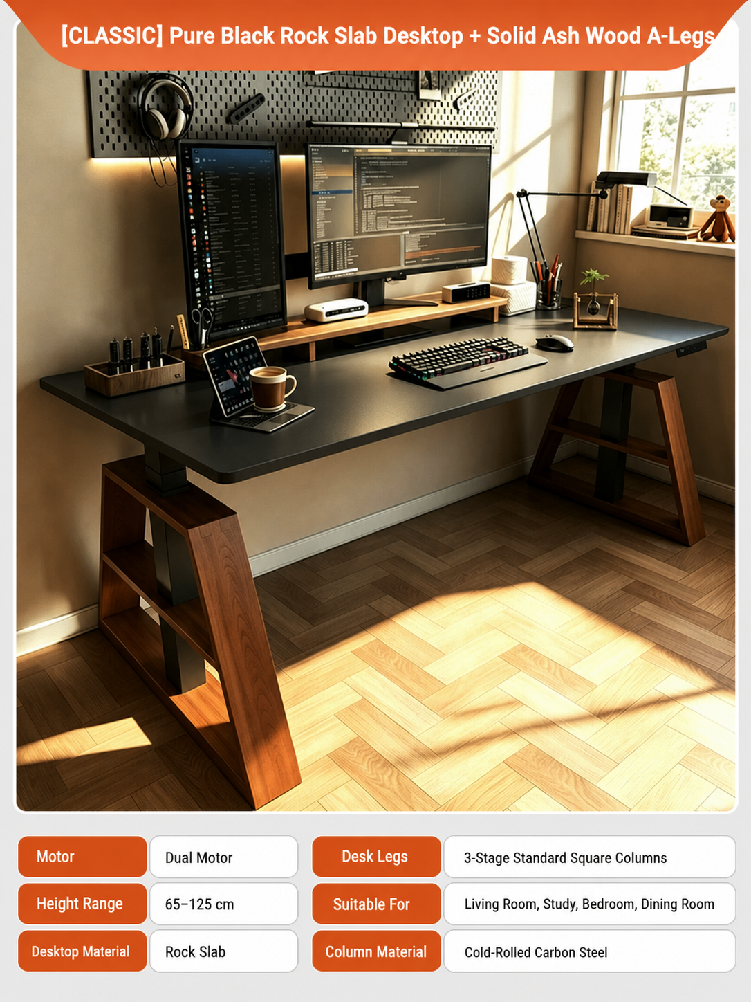 Classic CL12 black rock slab desktop configuration, shown in English.