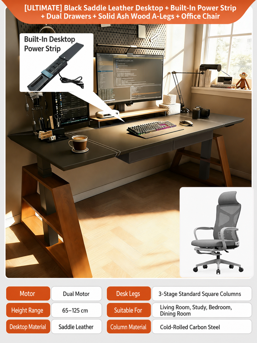 Ultimate CL12 configuration with power strip, drawers, and office chair, shown in English.