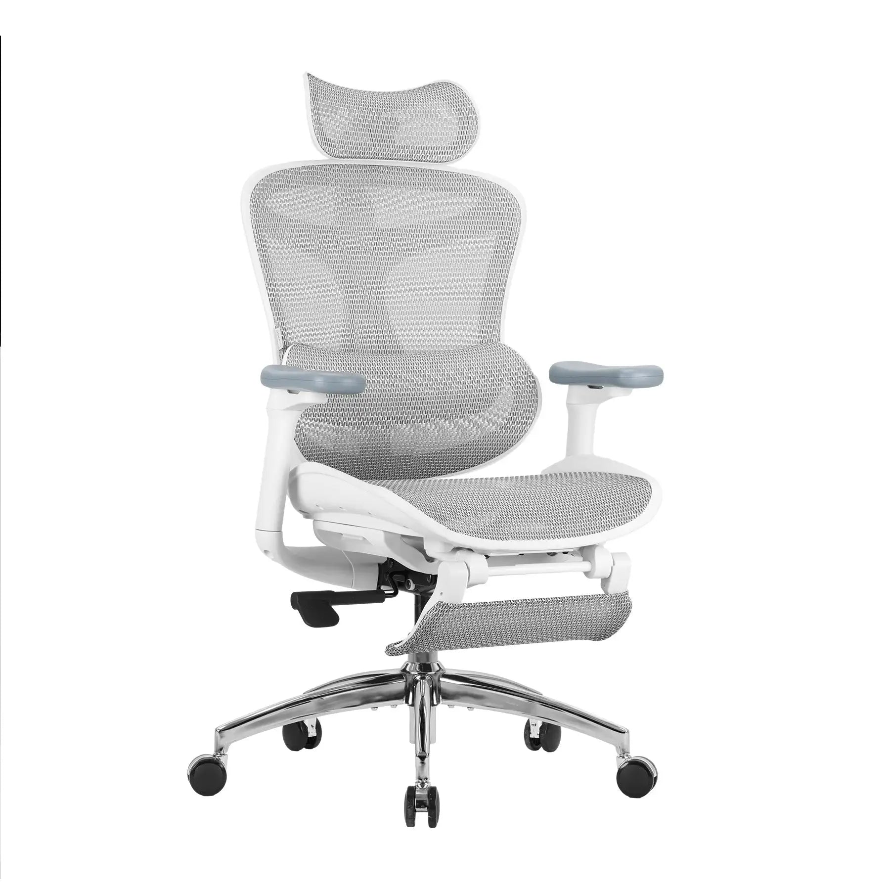 Breathable gray mesh ergonomic office chair with a reclining backrest and footrest, ensuring airflow and all-day comfort.