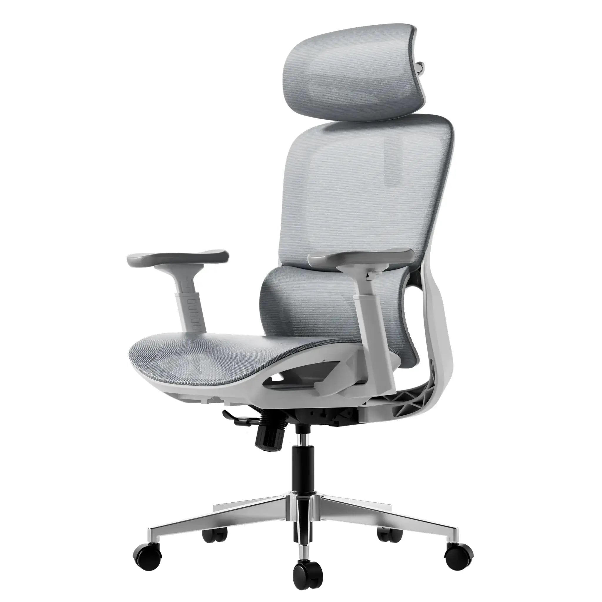 Modern grey mesh ergonomic office chair seamlessly blending into a contemporary home office interior.
