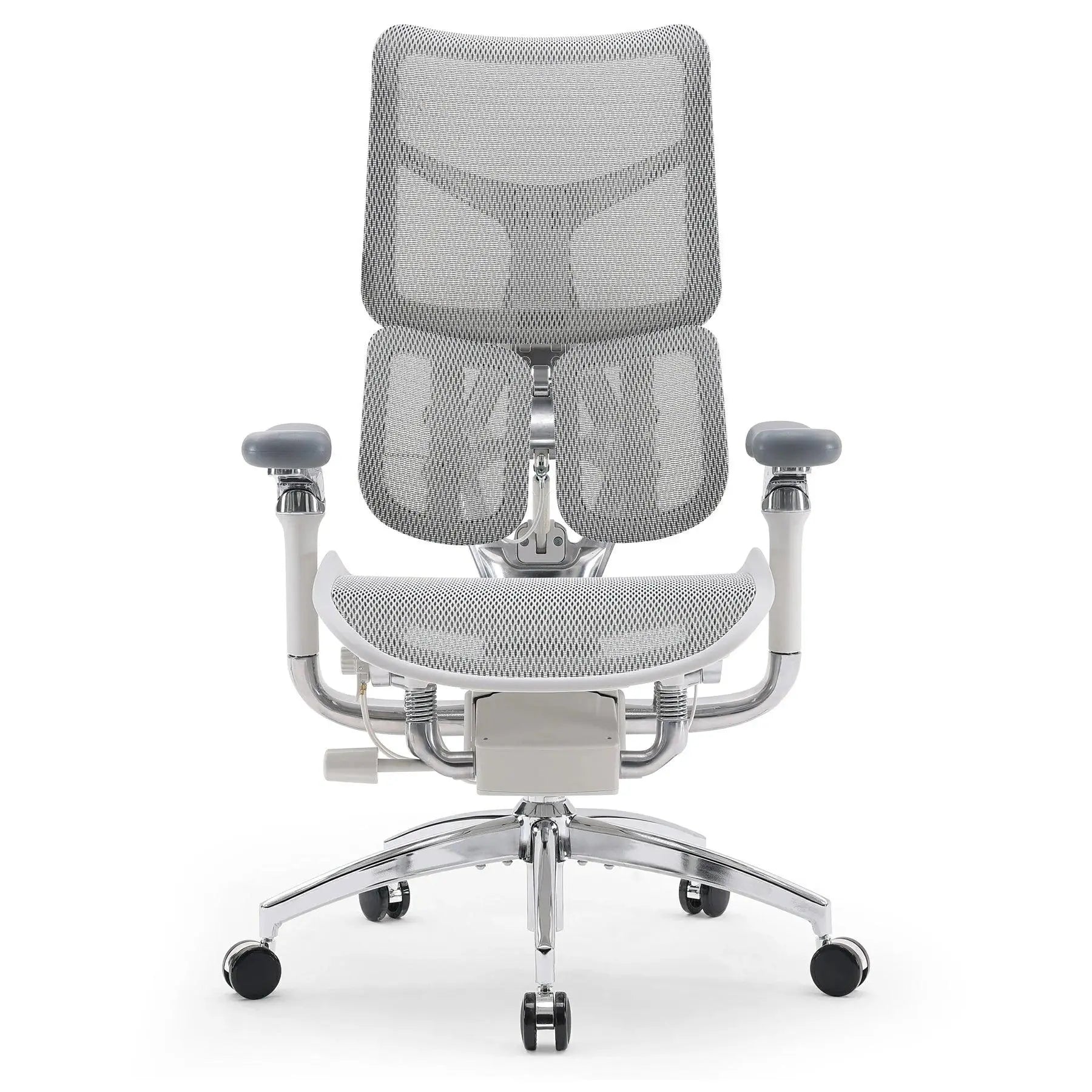 Luxury white mesh ergonomic office chair with dual dynamic lumbar support for premium back comfort and spine health.