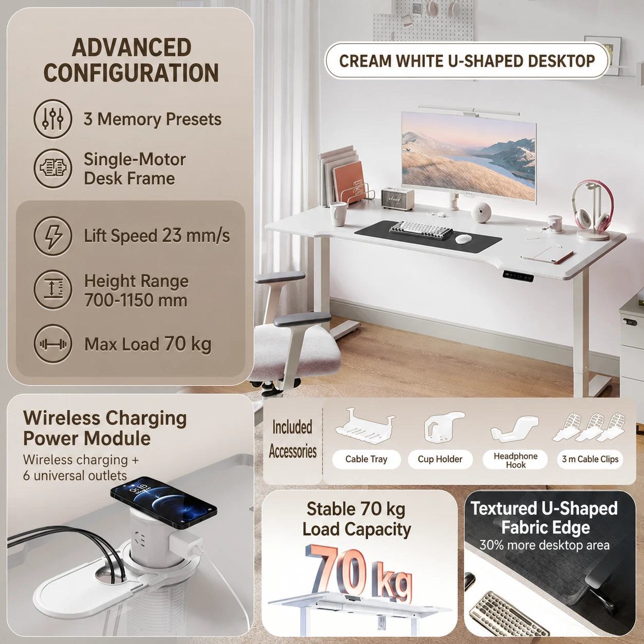 cream white electric standing desk with wireless charging power module