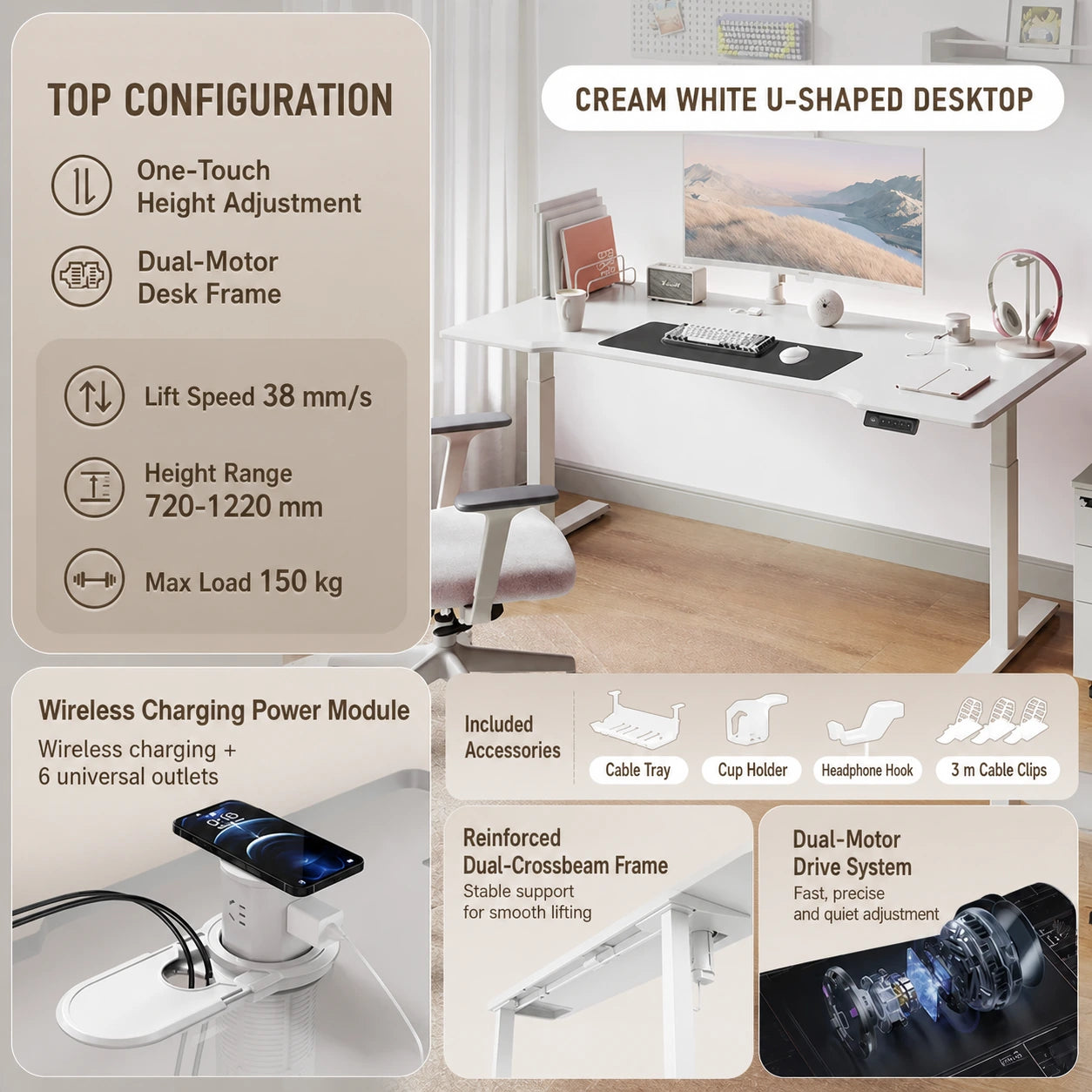 cream white U-shaped dual-motor electric standing desk in a modern home office
