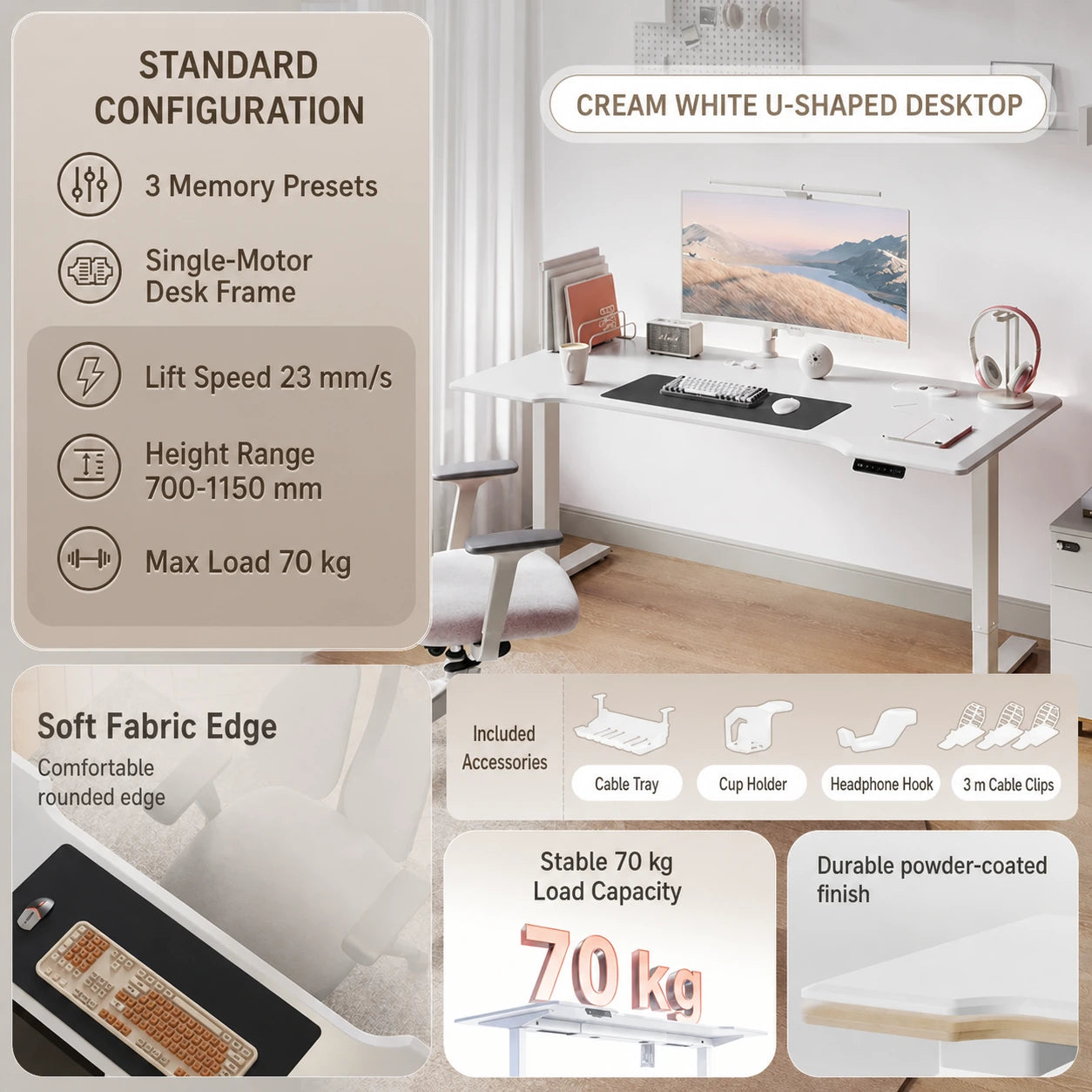 cream white U-shaped single-motor electric standing desk with memory presets
