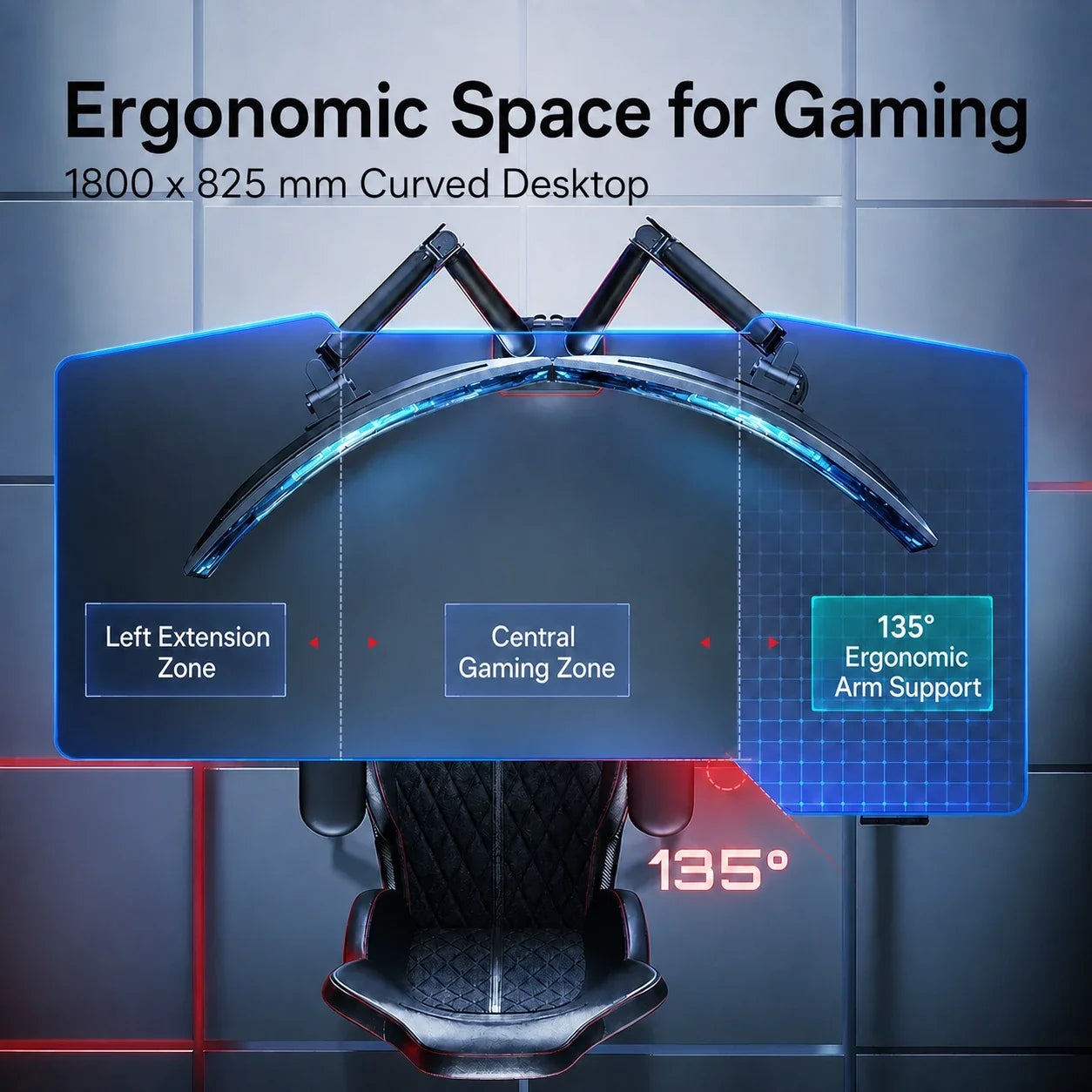 Curved 1800 x 825 mm gaming standing desk with ergonomic work zones