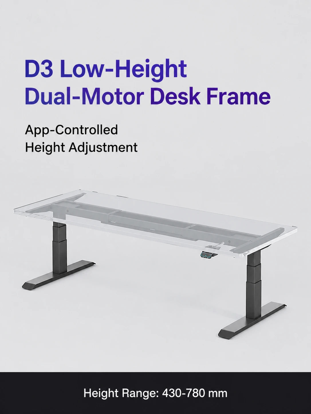 low-height D3 dual-motor adjustable desk frame for seated and coffee table use