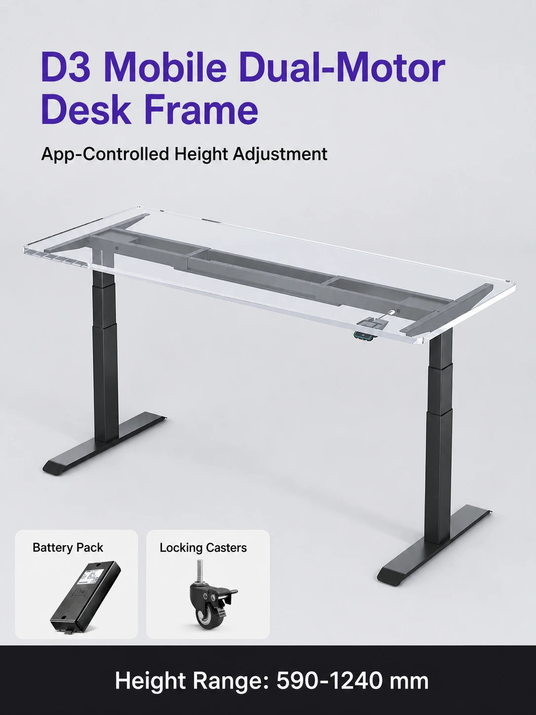 mobile D3 dual-motor standing desk frame with battery pack and casters